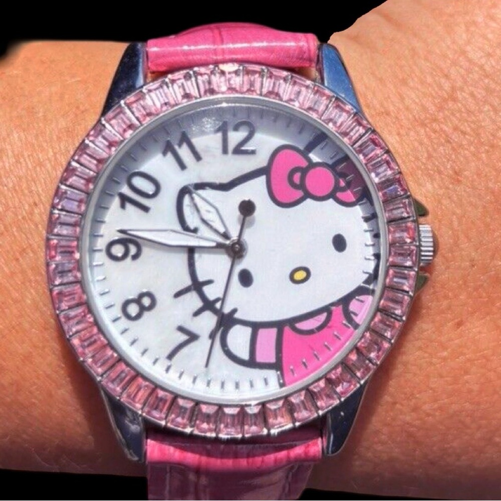 Sanrio Hello Kitty Pink Rhinestone Watch Genuine Leather Band Like New